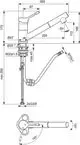 Küchenarmatur von Ideal Standard mit hohem Auslauf, einhebeliger Bedienung und verstellbarem Wasserfluss. Technische Zeichnung mit Maßangaben.